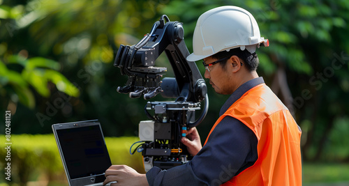 showing a maintenance engineer outdoors using a rugged laptop to control a robotic hand for environmental sampling and testing, Robotic process automation, Soft and diffused shadow