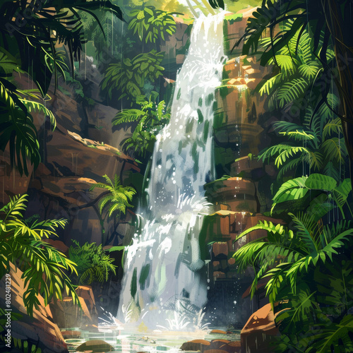 Cascade waterfall in tropical jungle forest, rocks and mountains, flowing fresh water , stromy stream. Photorealistic illustration
