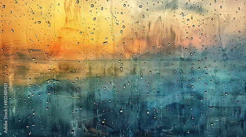 Raindrops race down the windowpane against a backdrop of a tranquil sea, where the sun has just dipped below the horizon, casting a warm, ethereal glow