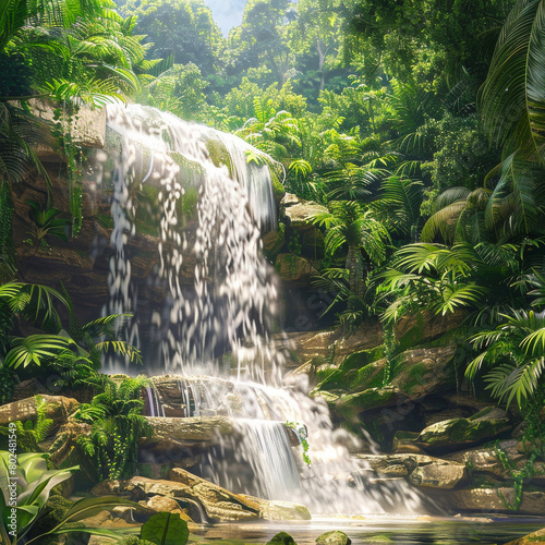 Cascade waterfall in tropical jungle forest, rocks and mountains, flowing fresh water , stromy stream. Photorealistic illustration