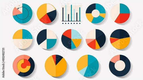 An icon set depicting a pie chart divided into 29 segments, useful for infographics and data representation