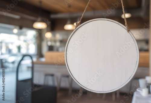 blank vintage wooden hanging from the ceiling in a cafe setting, with blurred background elements visible through the mirror