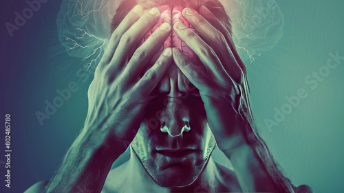 Anxious man feels a headache