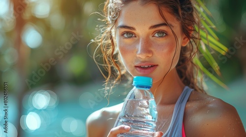 Beautiful slim brunette young girl in fashionable leggings and top on green background, drinking water from a bottle to stay hydrated after a workout.