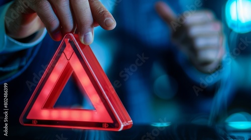 Problem and error warning concept. Businessman touching on triangle caution warning sign, automatic warning system for notification error and maintenance. Incident, risk, contingency management. 