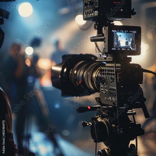 Behind-the-scenes look at a film production camera recording actors with studio lighting and crew