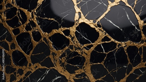 Network of golden veins runs through polished surface of black marble slab. Veins vary in thickness, create irregular pattern, resembling cracks, lightning bolts.