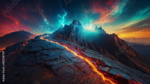 Thin river of molten lava winds its way down jagged mountain path, its fiery glow contrasting with cool blues, purples of night sky. Sky ablaze with color, with streaks of pink.