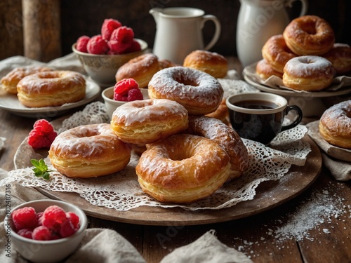 Stack of glazed donuts sits on wooden platter covered with white lace doily, surrounded by plates of donuts, bowls of raspberries, cup of coffee. Donuts golden brown, covered in white glaze.