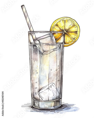 Hand-Drawn Tom Collins Cocktail Illustration with Crayon Colors. Isolated and Whiskey-Based