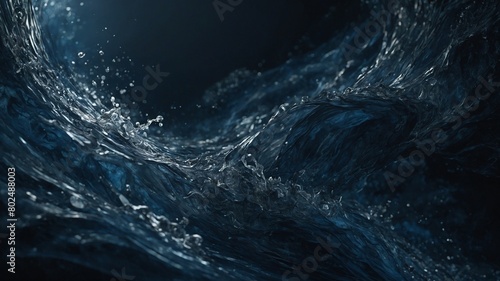Dark blue waves crest, crash in tumultuous ocean, water churning, spitting spray into air. Light catches edges of waves, highlighting transparency, power of water as it moves.