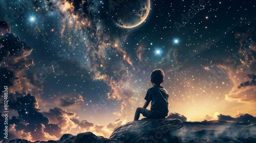 Young boy contemplating the universe on a moonlit night, surrounded by stars and cosmic clouds, International Children's Day 