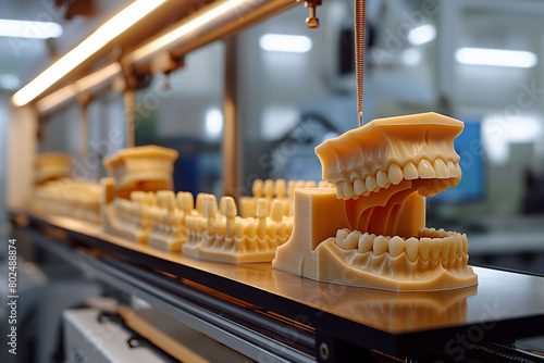 This image features a sophisticated dental 3D printer at work, precisely crafting a realistic set of teeth from resin, highlighting modern advancements in dental restoration technology.