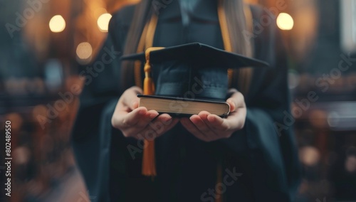 A person wearing black robes and holding an elegant graduation cap in their hands after completing college or university with a peacefully blurred background Generative AI