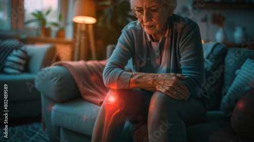 VFX Joint and Knee Pain Augmented Reality Edit. Close Up of a Senior Woman Experiencing Discomfort in a Result of Leg Trauma or Arthritis. Massaging the Muscles to Ease the Injury.