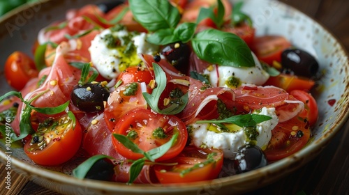 A tomato salad garnished with burrata, slices of prosciutto and pesto sauce, served on a wooden table with black olives and pesto sauce.