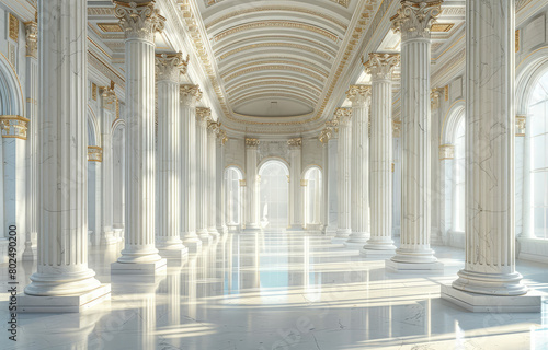 A long white hall with golden ornaments, columns and arches. The hall is bright, clean and has a fantasy style. Created with Ai