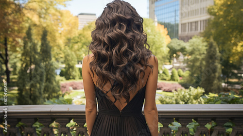  A woman gazes out over a lush urban garden from a balcony, her elegant black dress and flowing hair adding a touch of grace.Fashion blogs, lifestyle magazines, urban living articles