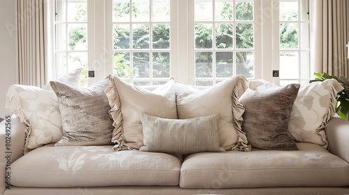Elegant and cozy living room interior with stylish cream sofa and decorative cushions positioned in front of a window overlooking a garden. 