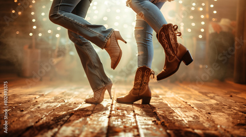 Close-up of cowboy boots dancing on wooden floor 