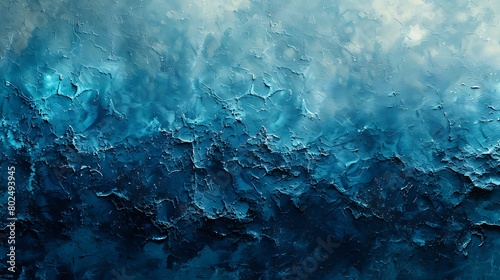 Abstract blue textured painting resembling stormy ocean waves under a tempestuous sky.