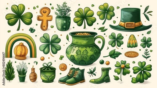 An isolated set of Saint Patrick's Day symbols in green colors, a shamrock, horseshoe, leprechaun pot with gold coins, rainbow and bowler hat.