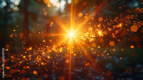 An abstract sunburst with digital lens flare background. Gleaming rounded and hexagonal shapes.