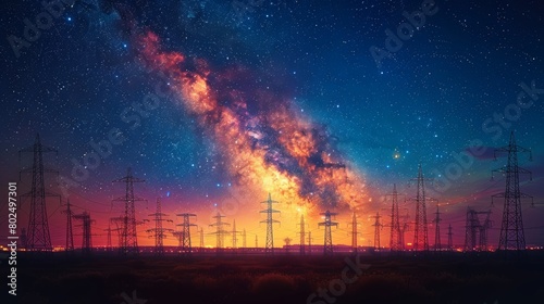 A wonderful view of a media antenna and high voltage power towers against the night city on horizon and the Milky Way in clear skies can be had from below