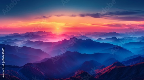 View of a mountain range at sunset with beautiful colors of blue and orange
