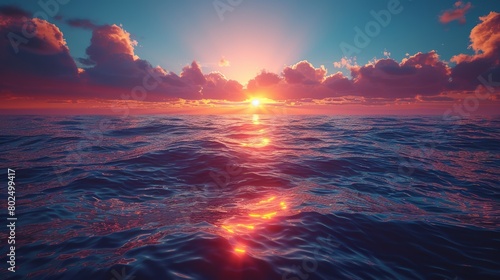In the evening, scenic view of endless ocean with horizon line under bright sunset sky