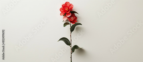 A single stem of camellia blooms, arranged vertically to create a striking visual contrast against a clean white surface, all depicted in pristine 32k resolution.