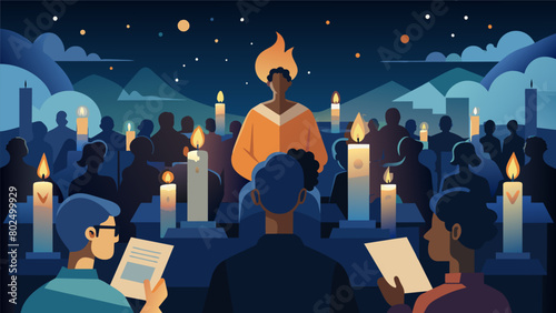 The night sky lit up by candles held by the audience as they participate in a candlelit reading of Langston Hughes iconic poem Harlem at the Liberty. Vector illustration