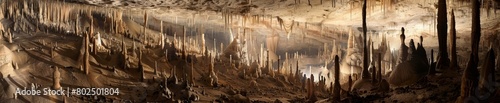 Earth-toned stalactites and stalagmites fill a spacious cave.