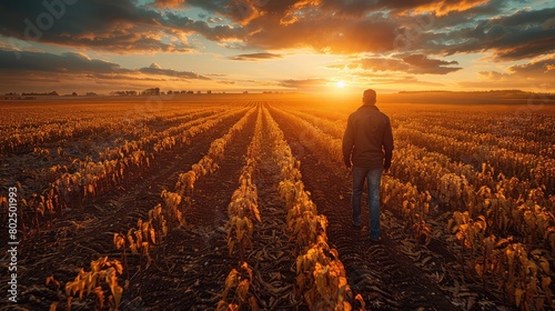 A man walks through a field of dry corn