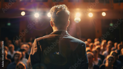 Famous Entertainer Gets on the Stage, Greets Audience, Starts Performance. Software Company Founder, Tech Marketing Guru Making a Pitch, Presentation Speaker Giving Talk. Cinematographic Back View 