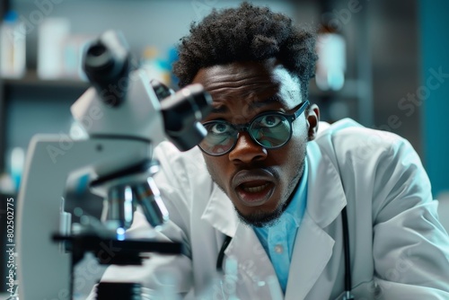 A scientist in a lab coat looking through a microscope with a look of excitement on their face.