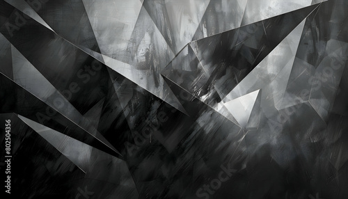 An image displaying a complex array of overlapping polygons in shades of gray and black, creating a moody atmosphere