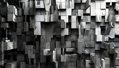An image featuring a chaotic blend of rectangular blocks in grayscale, looking like a modern abstract painting