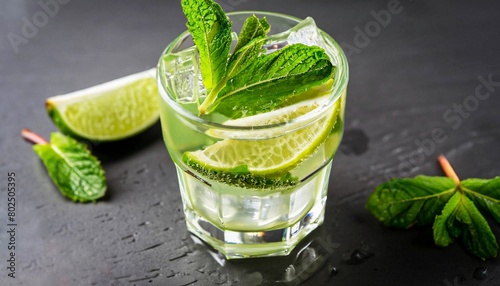 macro shot glass of mojito with sliced lime and mint on black stone surface