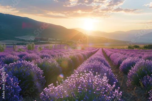 A sunlit field of lavender stretching towards the horizon