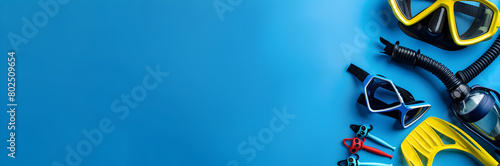 Snorkel gear web banner. Snorkel gear isolated on blue background with copy space.
