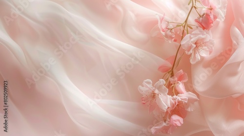 Elegant soft pink fabric and delicate cherry blossoms background