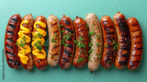 Sausages, perfectly grilled and served with mustard. AI generate illustration