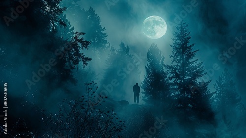 The Guiding Light: Moonlit Pursuit - Dramatic silhouette of a hunter navigating through a dense forest, guided by the glow of a full moon.