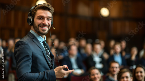 An institute for your future. Young male speaker in suit with headset and laser pointer smiling while giving a talk at business meeting, ecological forum