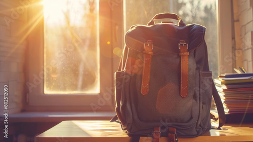 A school backpack on a wooden table in a classroom, flooded with sunlight. Blurred background with space for text