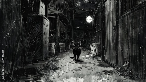 A pen and ink drawing of a stray cat prowling through a back alley illuminated by the glow of streetlights..