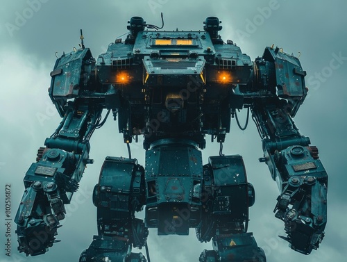 A large, menacing mech stands tall, its powerful presence dominating the scene. AI.