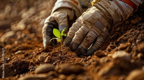 An astronaut's gloved hand carefully plants a small green sapling in the rocky soil of Mars. AI.