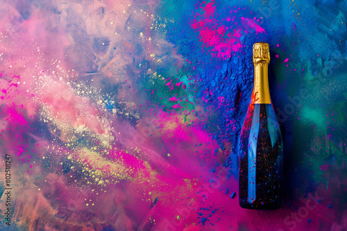 Champagne Bottle on Colorful Background (generative AI)